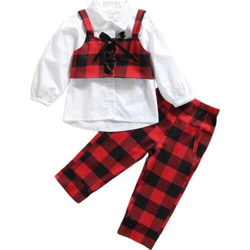 Toddler Girls 3Pcs Fall Outfits Plaid Fashion Long Sleeve Button Down Lapel Shirt + Tie-up Camisole + Pants Set