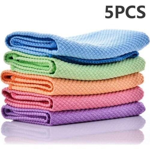 5pcs Soft Microfiber Cleaning Towel Absorbable Glass Kitchen Cleaning Cloth Wipes Fish Scale Table Window Car Dish Towel Rag