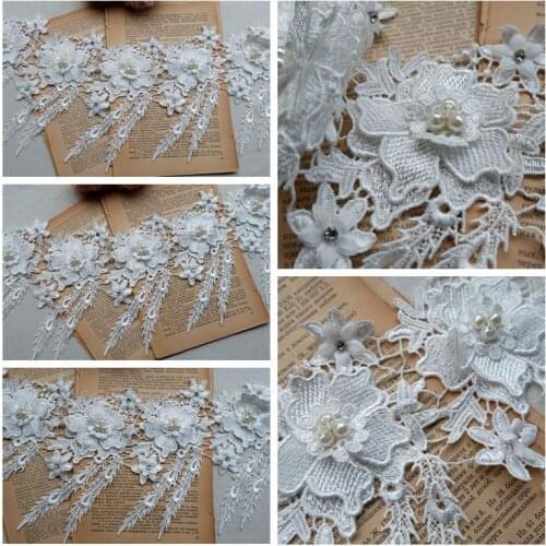 5P High Quality Polyester Cotton Water Soluble Three-dimensional Beaded Flower Costume Lace Trim Applique DIY Off White Sewing