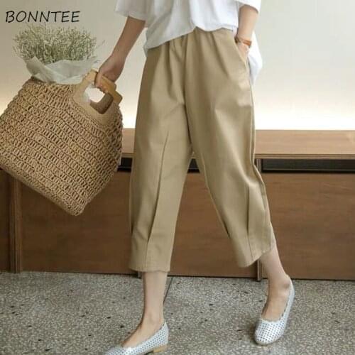 Women Pants Leisure Fashion All-match Summer Pockets Loose Simple High Elasticity Fit Thin Comfortable Cotton Solid Korean Style