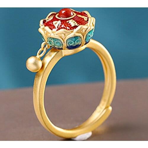 2020 new Enamel woman ring retro craft fashion jewelry s925 pure silver adjustable Cloisonne Lotus swivel tube ring for woman
