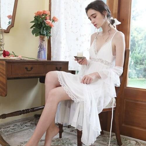 Bride Wedding Dressing Gown Women Robe Sets 2PCS Lace Nightgown Kimono Sexy V-Neck Sleepshirt Mesh Skirt Summer Loose Home Bath