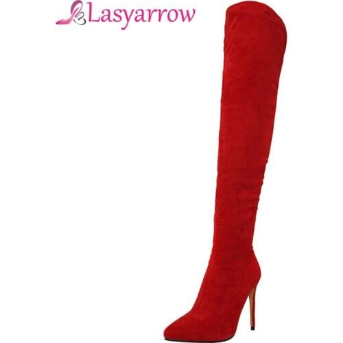 Lasyarrow Sexy Slim Over the Knee Boots Womens Black Red Thigh High Stiletto Boots Stretch Suede High Heel Long Botas Feminina