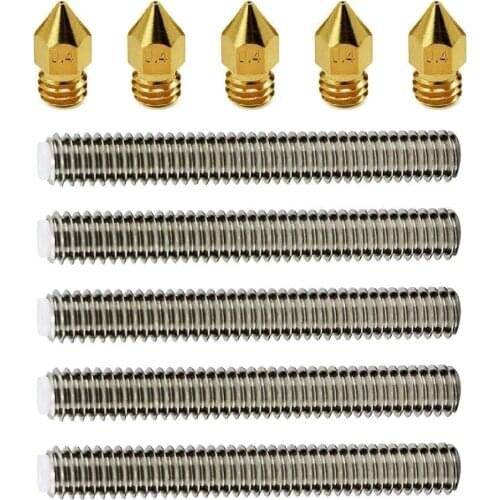 5 PCS Brass Extruder Nozzle Print Heads +5 PC M6 30mm Stainless Steel Nozzle Throat For Anet A8 Mk8 Reprap For 3D Printers Parts