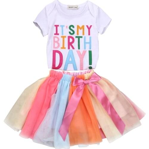 2PCS Fashion Cute Summer Nebworn Infant Baby Girls Short Sleeve O-Neck Pullover Birthday Letter Shirt Tops Colorful Bow Skirt