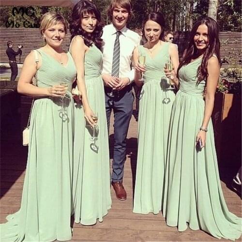 Wedding party Cheap 2018 Mint Green Real Sample Formal V-Neck Tank Pleated Floor Length Chiffon Bridesmaid Dresses