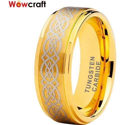 8mm Gold Tungsten Carbide Ring for Men Women Knots Engraved Wedding Bands Brushed Finish Stepped Edges