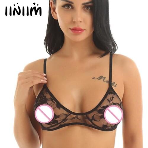 Iiniim Sexy Womens Lingerie Exotic Bra with Hole Sissy Tops Lace Transparent Open Nipple Straps Bralette Wire-free Unlined Bra