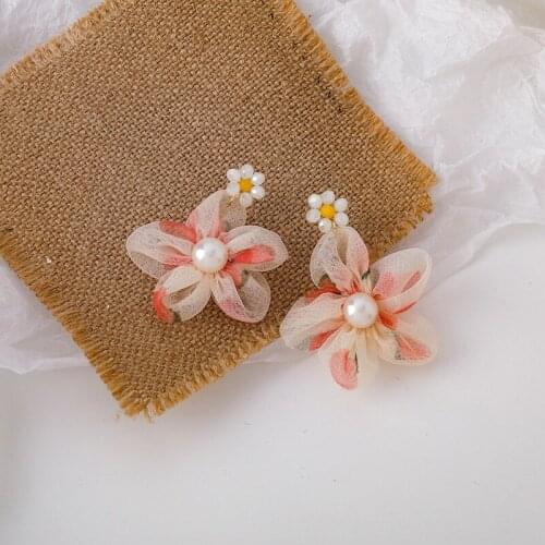 Origin Summer Romantic Pink Muslin Big Flower Dangle Earring for Women Trendy Imitation Pearl Holiday Earring Jewelry Pendientes