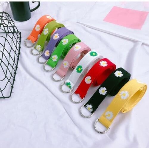 Women Girls Waist Belt Pant Decorative Accessory Fashion Daisy Printed Candy Color Adjustable Double Ring Buckle Canvas Belt