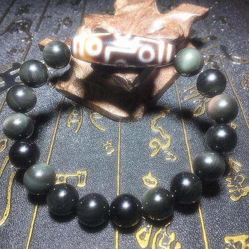 Tibetan Dzi Bead Bracelet 12*40mm Valuble Dzi Bead 10mm Natural Obsidian Bracelet Men&Womens Jewelry Free Shipping