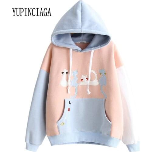 Womens Cat Embroidery Patchwork Hooded Sweatshirt Cotton Hoodies 2020 Spring New Harajuku Long Sleeve Casual Loose Pullovers