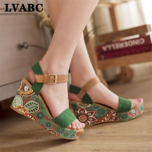 Women Sandals 2019 Platform Wedges Shoes For Heels Sandalias Mujer Summer Wedge Print Summer Shoes Zapatos Mujer 34-39