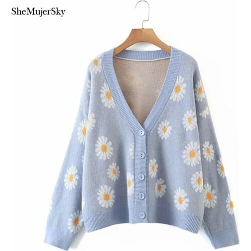 SheMujerSky Women Cardigan Autumn Winter Sweater Knitted V-neck Long Sleeve Flower Sweaters 2021 Oversized fall Clothing