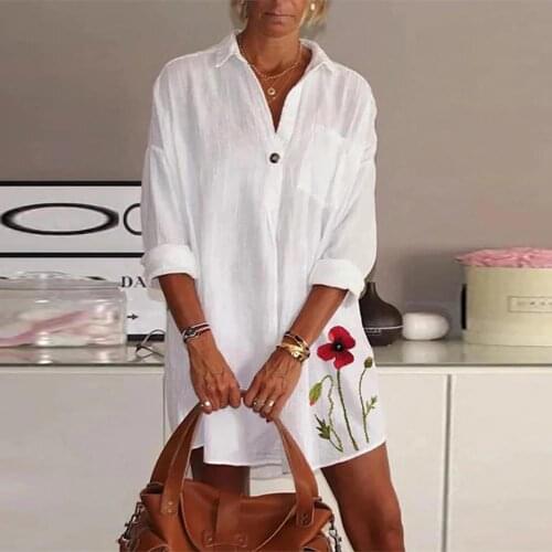 Women Fashion Turn Down Collar Half Sleeve Pocket Floral Print Mini Shirt Dress