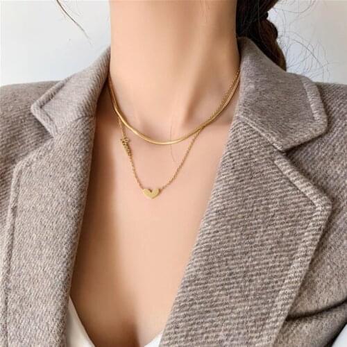 316L Stainless Steel 2 Layer Heart Love Charms Snake Bone Chain Choker Necklace For Women Ins Trend Fashion Jewelry SAN362