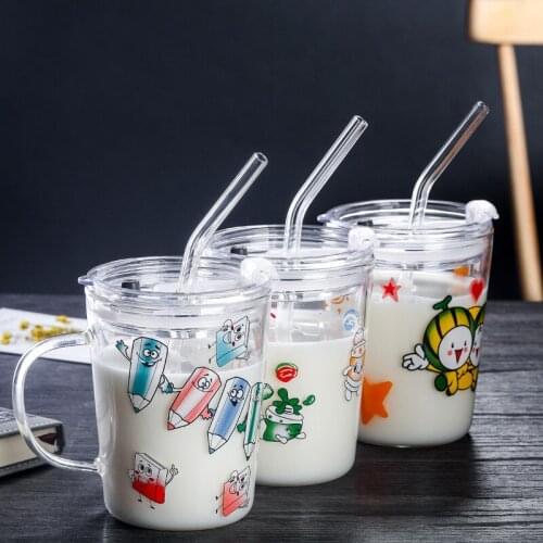 350ml Heat Resistant Glass Straw Cup Cartoon Pattern Children Milk Juice Coffee Tea Water Bottle Breakfast Transparent Drinking