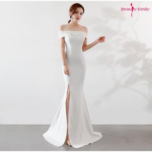 Beauty Emily Boat Neck White Evening Dresses Sleeveless High Split Ruched Mermaid Party Dress For Wedding vestido de festa longo