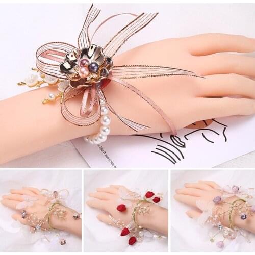 Bridesmaid Bride Bracelet Gifts Wedding Wrist Flowers Rose Pearl Bow Hand Flowers Party Prom Marry Supply Accessories 2021 New