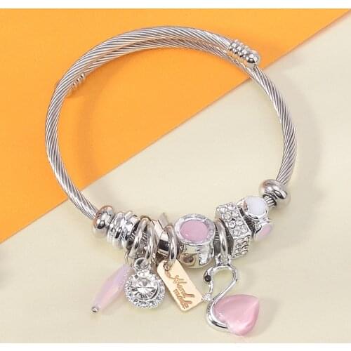 Chic Opal Swan Stainless Steel Bracelets Jewelry Luxury Gold Letter Charms Wire Cuff Bangles For Women Vintage Armband Dropship