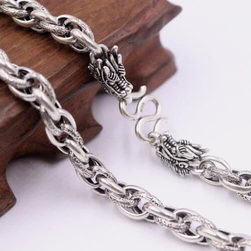 Pure 925 Sterling Silver Necklace Width 7.5mm New Double Rolo Link Chain Dragon Head Butten 21.65"L, 23.62"L 25.59"L For Man