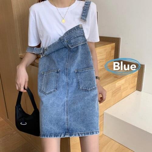 Denim Strap Skirt For Women In 2021 Summer New Big Pocket Loose And Thin Retro Work Clothes