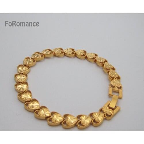 Foromance LADY YELLOW GOLD SOLID GP FILLED HAND CARVED HEART PATTERN SHAPED 7.3" 18.5CM CARVED LINK BRACELET WIDTH 8MM 0.31"