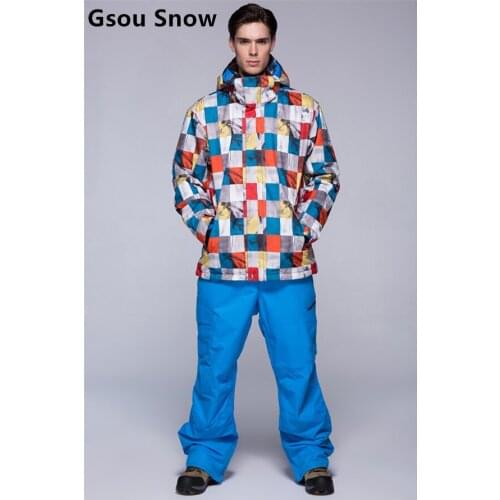 Gsou snow mens ski suit snowboarding suit male skiing suit colorful boxes skiwear ski jacket and blue pants waterproof 10K