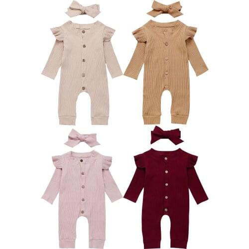 2PCS Newborn Baby Girl Boy Rompers Autumn Striped Clothes Knitted Cotton Long Flying Sleeve Jumpsuit Bow Solid Headband Outfits