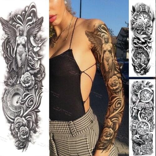 Angel Wings Compass Temporary Tattoo Arm Sleeve For Women Men Adult Clock Fake Tattoos Full Sleeve Black Water Transfer Tattoos