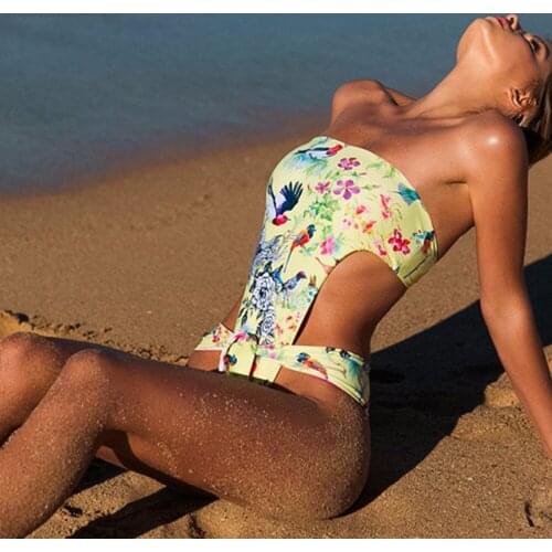 Bird Print Swimsuit One Piece Floral Printed Swimwear High Waist Bandage Bathing Suit Animal Brazilian Monokini Thong Bodysuit