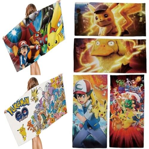 Anime Pokemon Pikachu Square Beach Towel Double-faced Velvet Quick-drying Microfiber Towel Japanese Cartoon Print Bath Towel