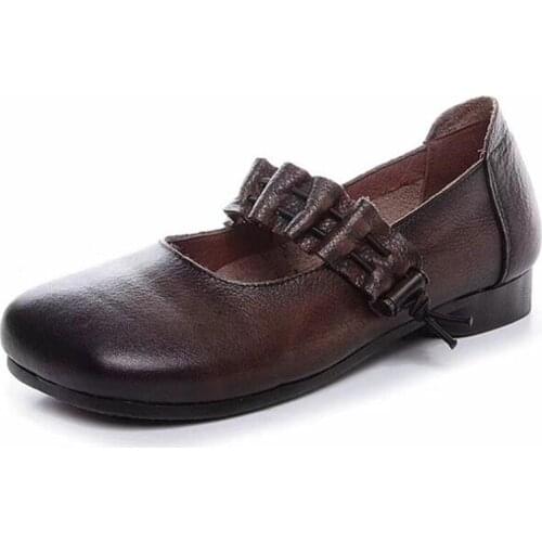 Best Sale 2020 New Spring Summer Top Cowhide Women Leather Shoes Soft Bottom Comfortable Shallow Flat Shoes Classic Retro Shoes