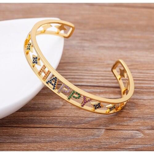 Fashion Hiphop Copper Open Bangles for Women Letter Happy Star Design Crystal Bracelet Couple Jewelry Gift Wholesale
