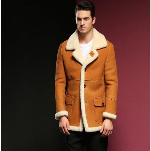 Mens B3 Shearling Jacket Long Style Mens Fur Coat Mens Winter Brown Warm Jacket