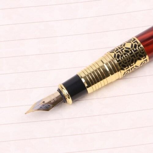 Imitation Red Wooden With Carving Flower Medium Nib 0.5mm Fountain Pen Supplies R9UA