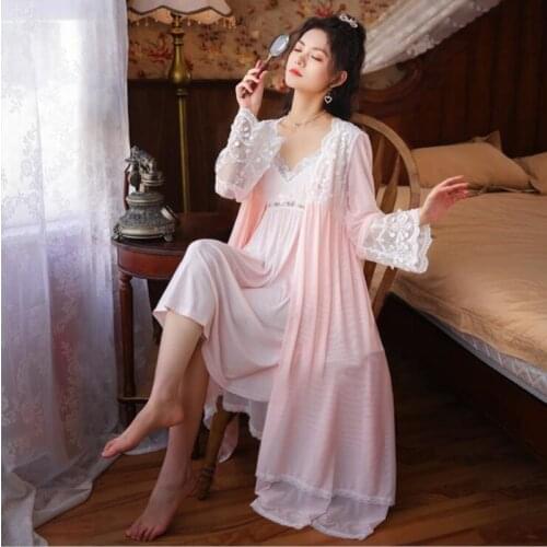 Women Spring Two-Pieces Vintage Lace Night Robe Sexy V-Neck Spaghetti Strap Nightie Full Sleeves Gauze Robe Sweet Home Dress