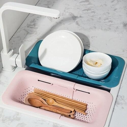 Adjustable Kitchen Drain Basket Strainer Vegetables Fruit Drain Storage Basket Dish Cloth Sponge Storage Basket Kitchen Tools