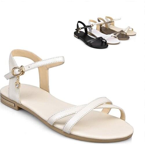 Summer Shoes Women Sandals Genuine Leather Soft Rubber Sole Basic Buckle Strap Size 34-43 Womens Sandales Femmes