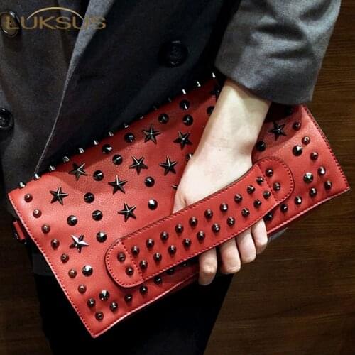 LUKSUS Vintage Rivet Envelope Clutch Bags for Women 2020 Black Red Soft Leather Female Crossbody Bag bolsos de mujer sac femme