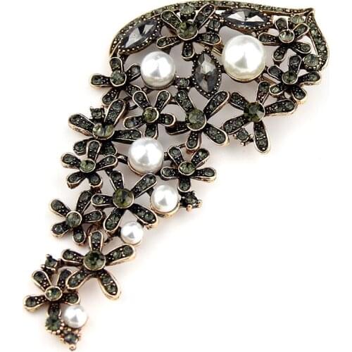 Sunspicems Vintage Crystal Rhinestone Flower Brooch For Women Antique Gold Color Pearl Turkish Jewelry Hijab Brooch Pins Gift