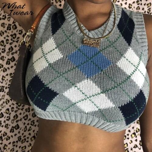 Argyle Vintage V Neck Knit Sweater Vest For Women Y2k Casual Plaid Sleeveless Crop Top Streetwear Chic Fall Preppy Style Outfit