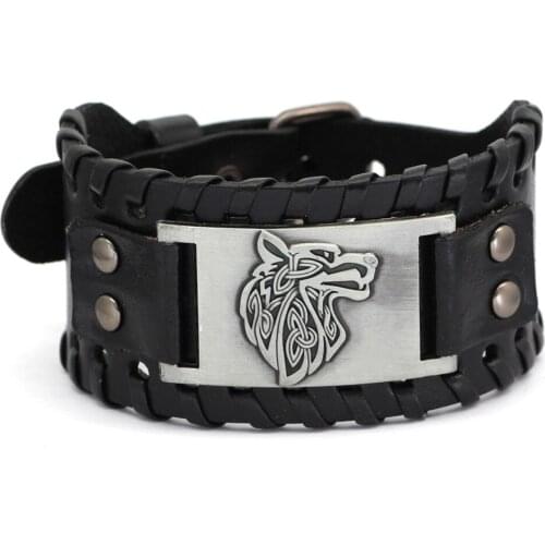 Vintage Mens Wide Leather Adjustable Bangle Wolf Head Bracelet Jewelry Retro Nordic Charm Wristband Amulet Punk Cuff Bracelets