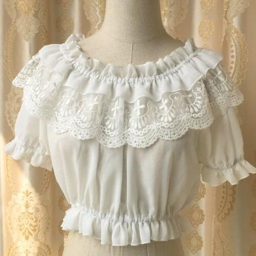 Women Lace Chiffon Blouse Ruched Shoulder Off Lace Ruffle Short Sleeves Loose Undershirt Lolita Crop Top for Ladies