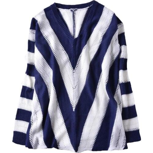 Women V Neck Striped Knitted Pullover Sweater Loose Knit Jumper Sweater ladies striped stitching V-neck knitted pullover top