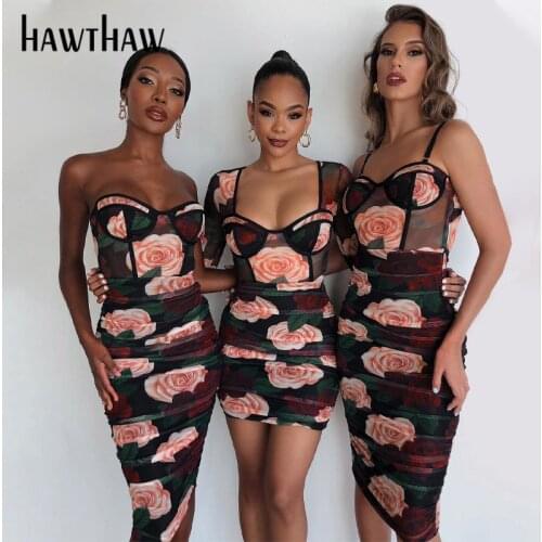 Hawthaw Women Autumn Winter Long Sleeve Square Collar Rose Printed Bodycon Package Hip Mini Dress 2020 Fall Clothes Streetwear