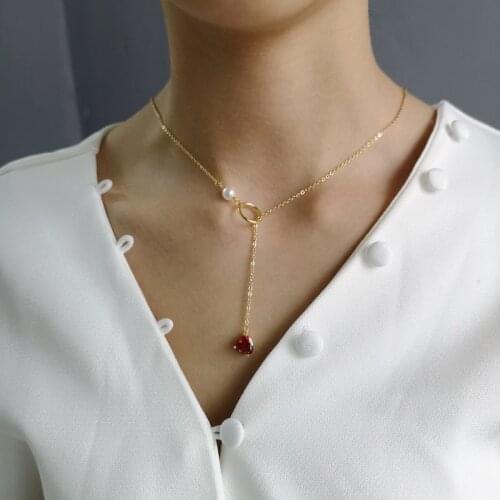 925 Sterling Silver 18k Gold Necklace for Women With Pearl Y Drop Necklace Heart Drop Pendant Red Ruby CZ Zircon Lariat Necklace