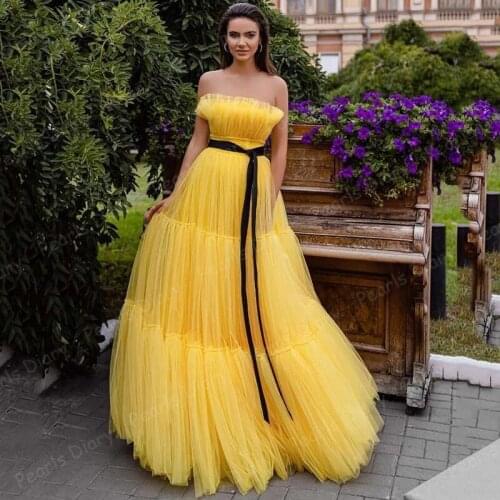 Arabic Yellow Vintage Prom Dresses 2021 Black Belt Women Couture Formal Evening Party Gowns Tassel Floor Length Vestido de Festa