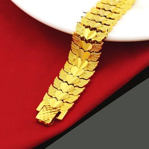 Heart Link Chain Yellow Gold Filled Womens Mens Bracelet Wrist Chain Classic Style Jewelry 15mm Wide