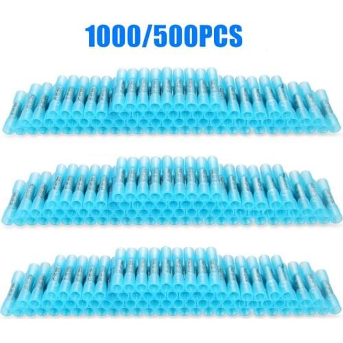 1000/500PCS Blue Heat Shrink Connectors Insulated Waterproof Crimp Terminals Seal Butt Electrical Wire Connector 16-14 AWG